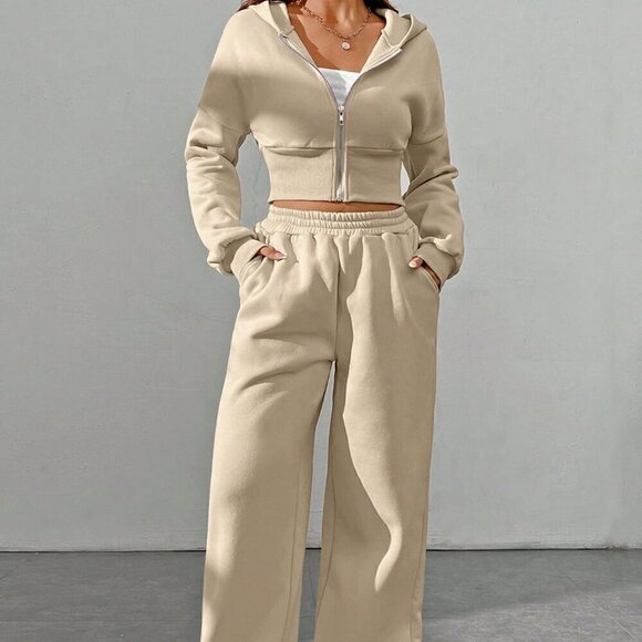Khaki Casual Women's Zipper Front Hoodie And Pants Two Piece Set - Picture 6 of 7